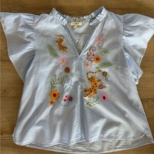 Umgee Blue and White Striped Blouse with Floral Accents